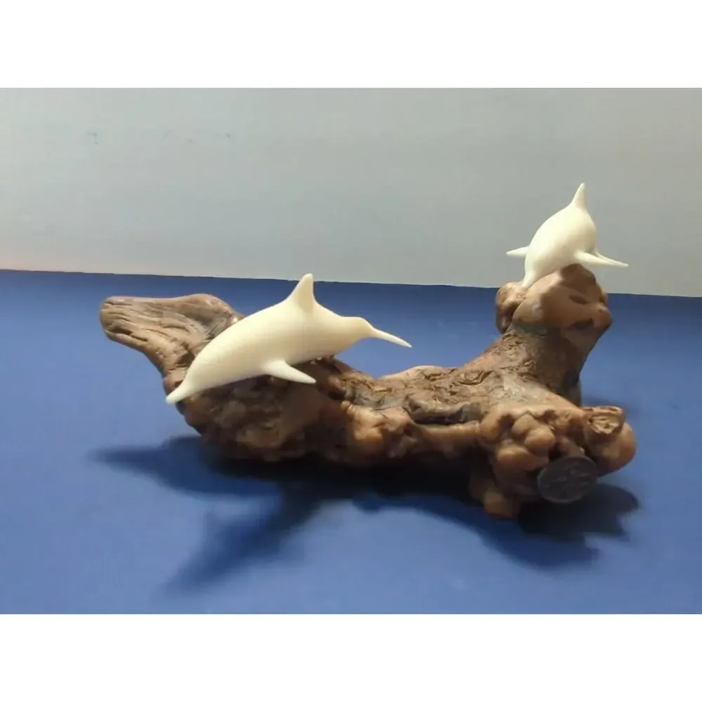 Vintage John Perry 9 In Dolphin Sculpture with Burlwood Base Collectible Figures